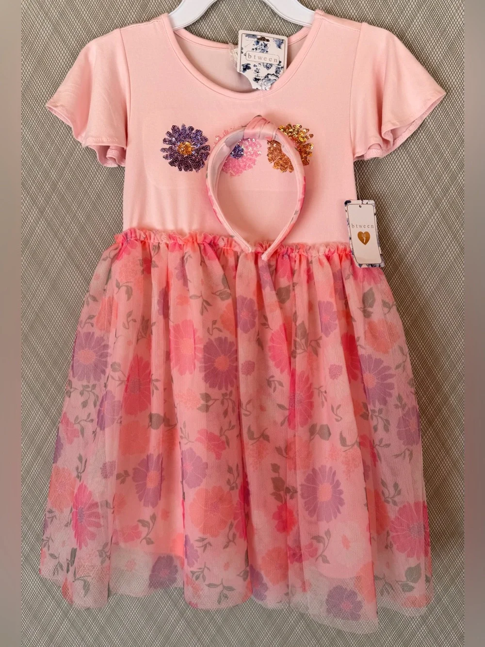 btweeen - Pink Floral Tulle Party Dress with Headband 2pc set (Sz 7) NWT